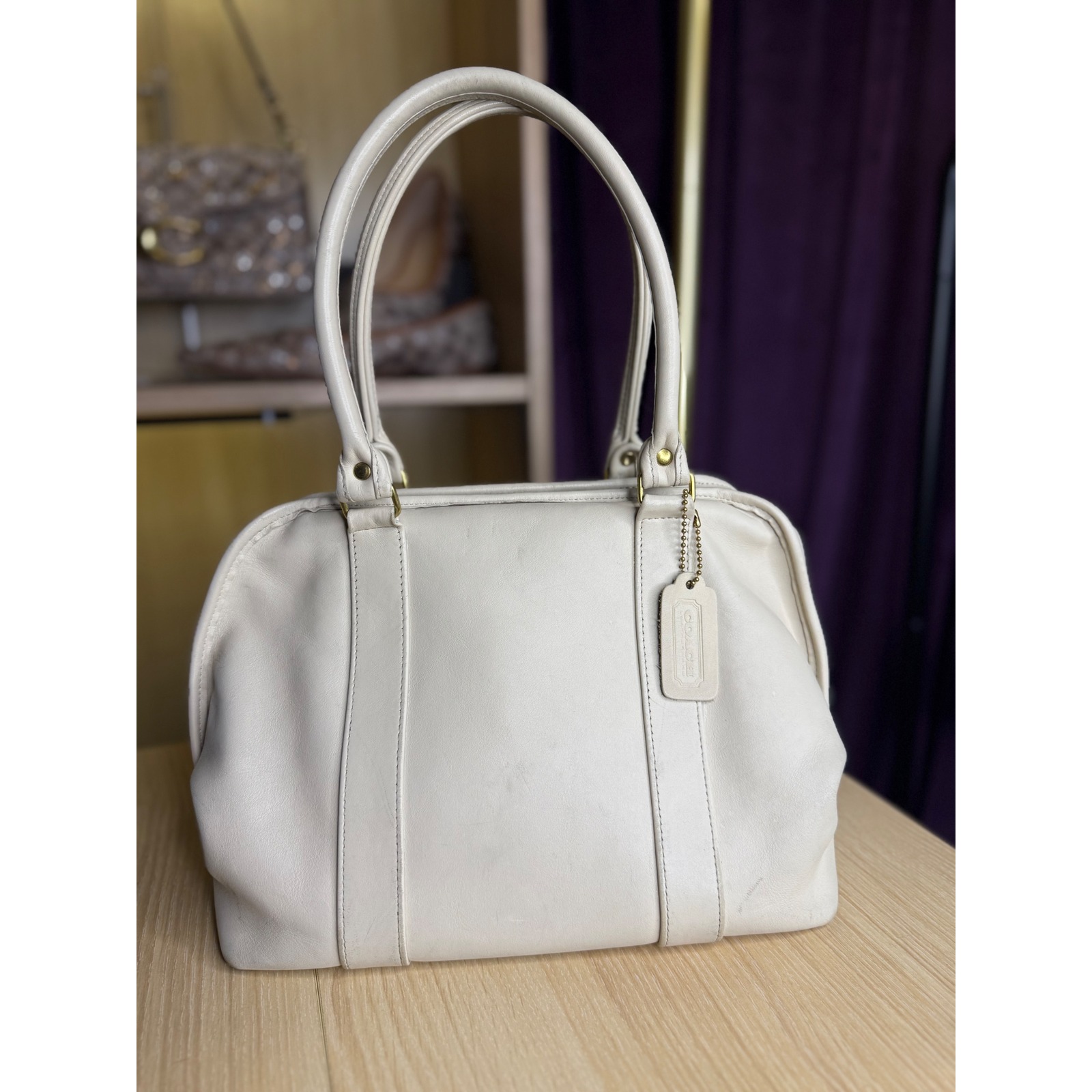 Vintage Coach Bone White Leather Satchel Bowler Bag Brass Hardware Handbag